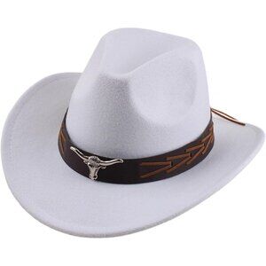 Unisex White 100% Polyester Bull Skull Buckle Band Fedora Cowboy Felt Hat